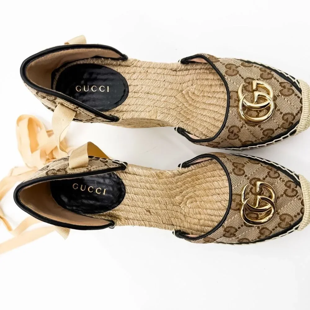 Gucci GG Espadrille Wedge Sandal EU 38 US 8 Monogram Canvas Ankle Wrap